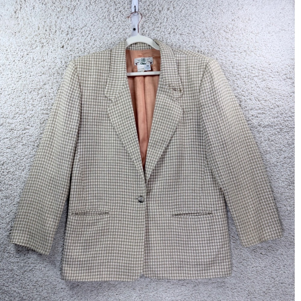 Orvis Silk Blazer Women 14 Tan Houndstooth Vintage Made in USA Professional